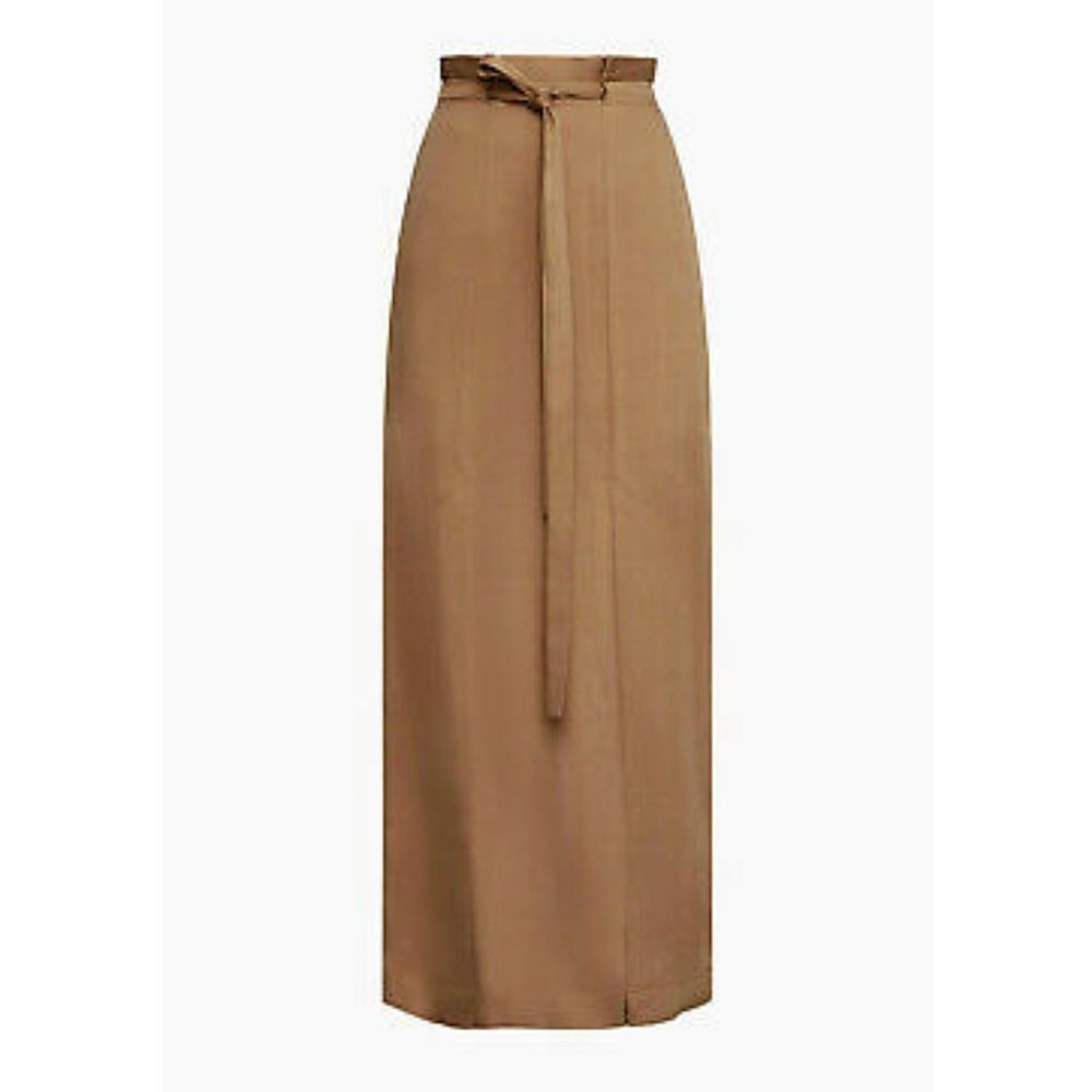 BCBGMAXAZRIA Paper Bag Tie-Waist Midi Skirt Front Slits Chestnut XS